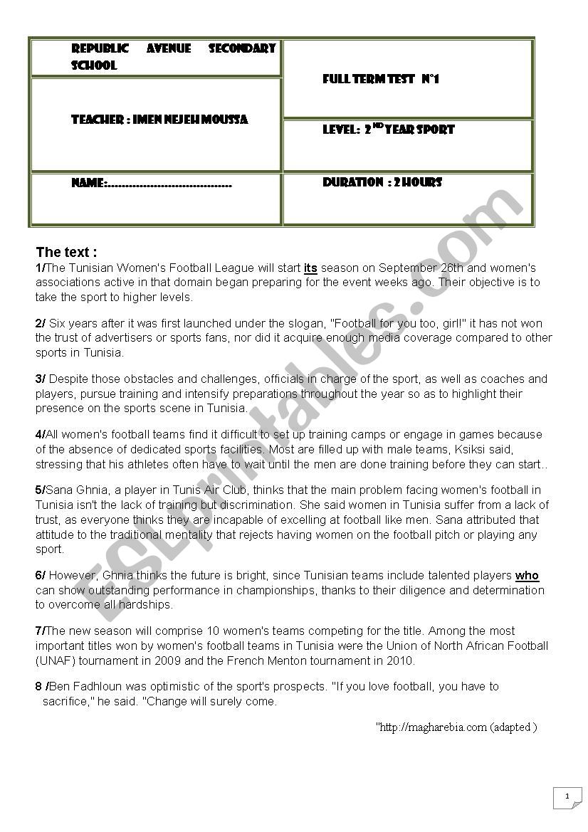 END OF TERM TEST N 1 SECOND YEAR SPORT BRANCH 