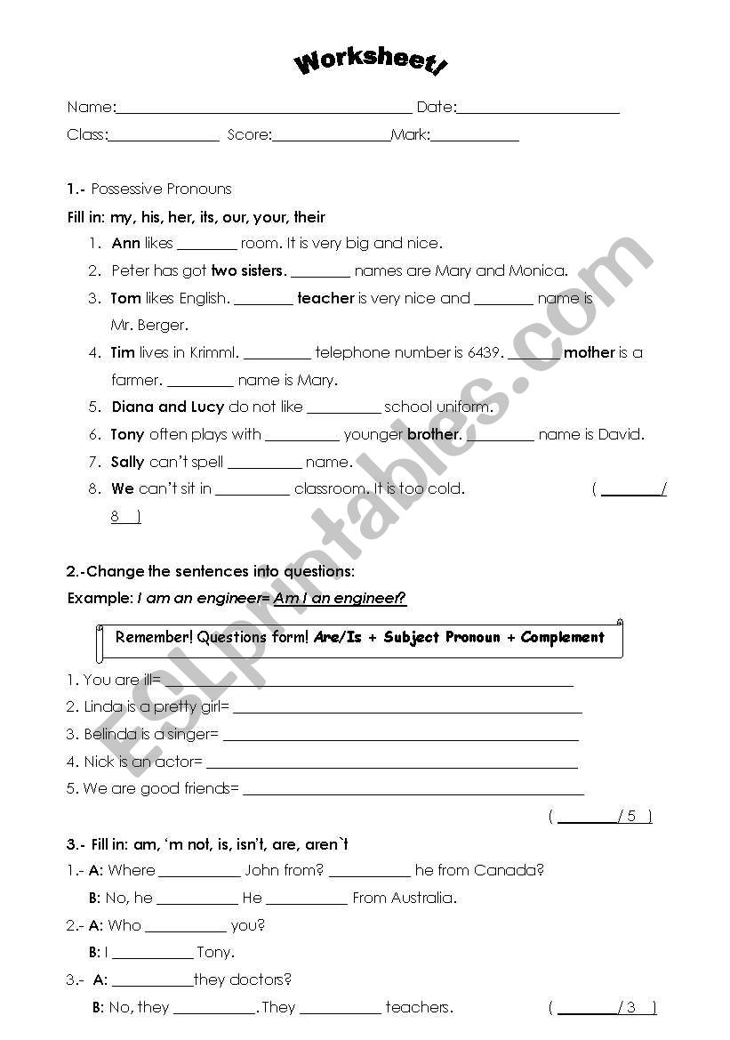 Possessive adjectives worksheet