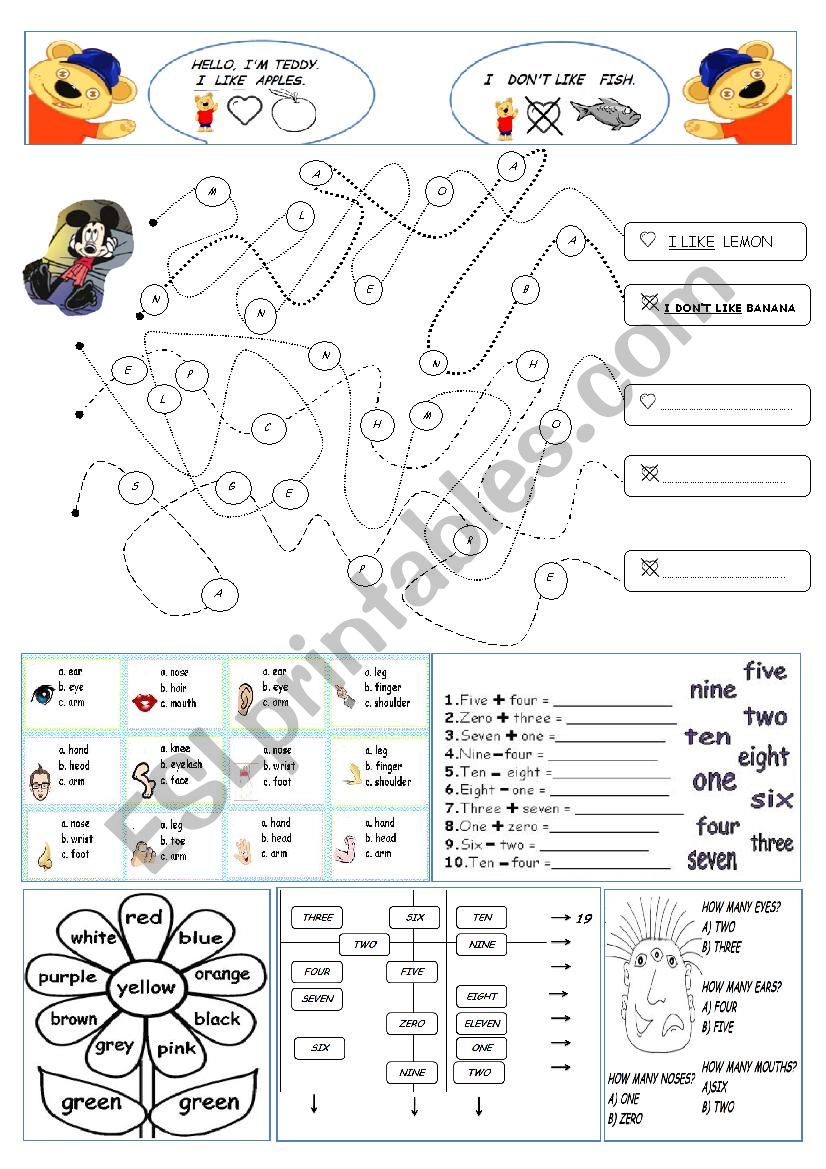 LIKES/DISLIKES, BODY PARTS, NUMBERS, COLORS WORKSHEET!