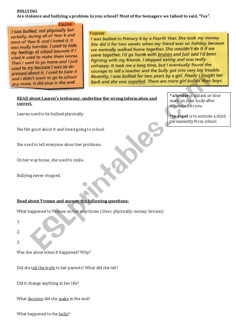 Bullying worksheet