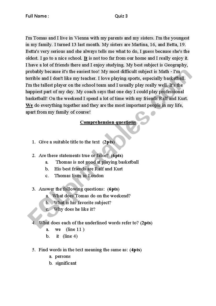 reading comprehension quiz worksheet