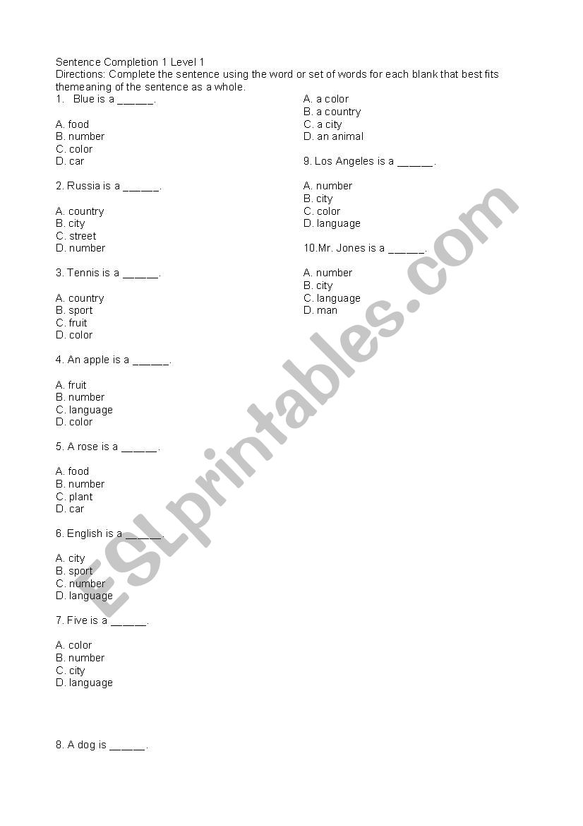 Sentence Completion 1 Level 1 worksheet