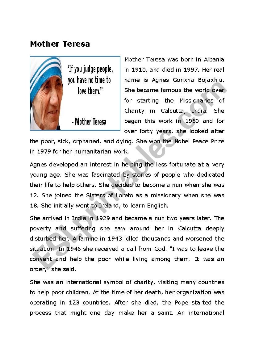 Mother Teresa worksheet