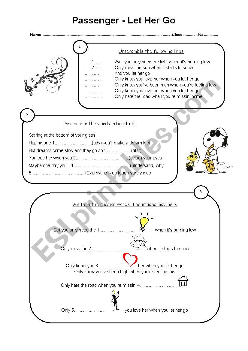 Let her go song worksheet