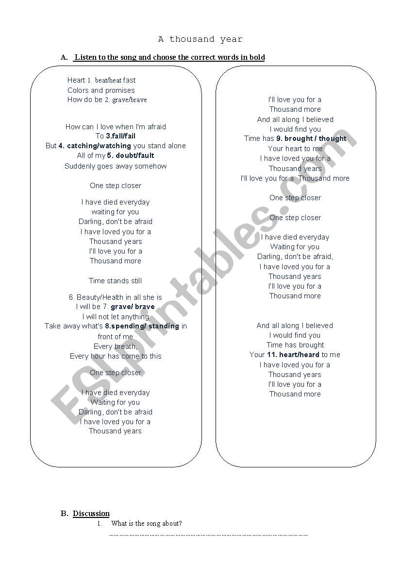 A thousand year song worksheet