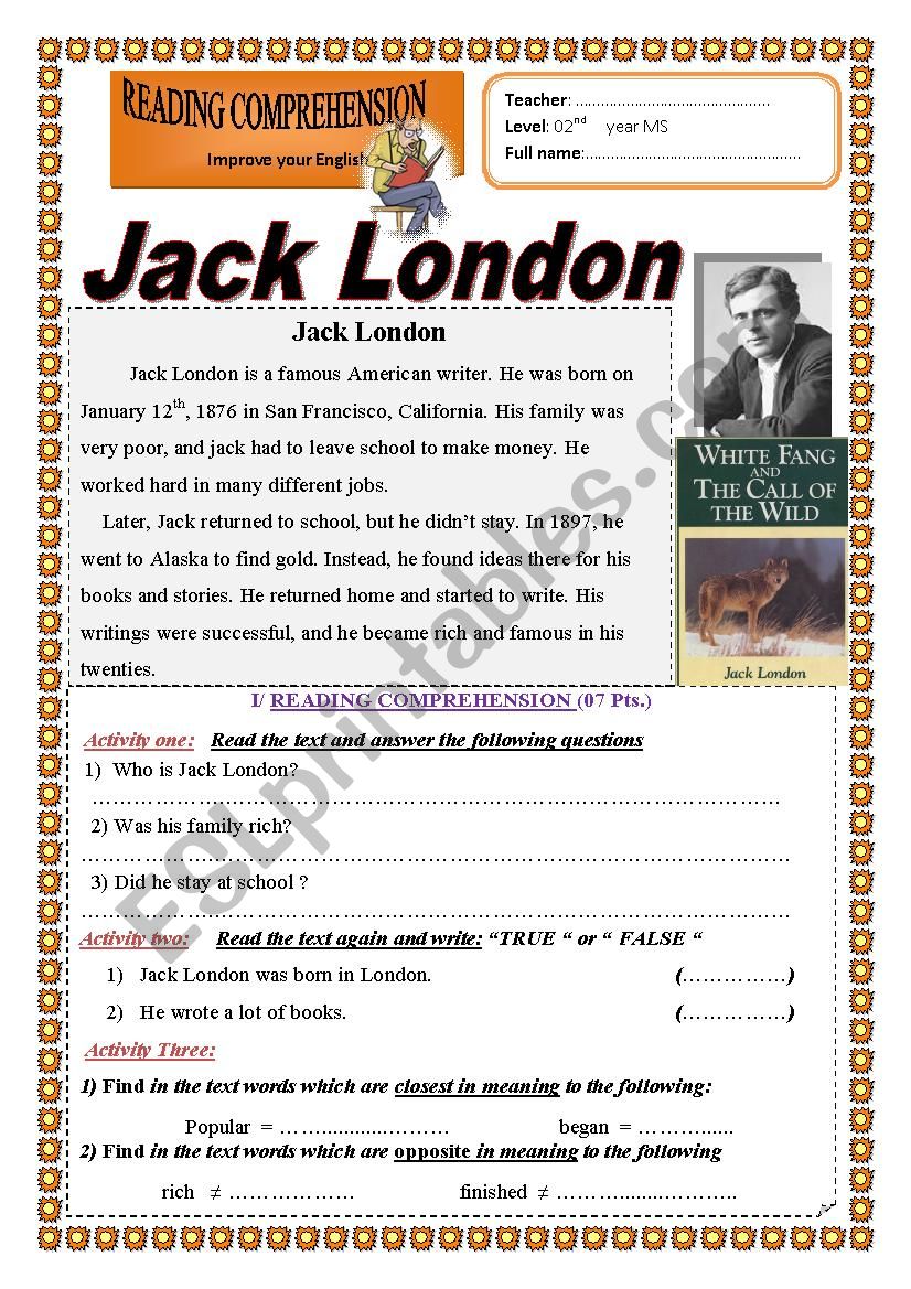 Jack London worksheet