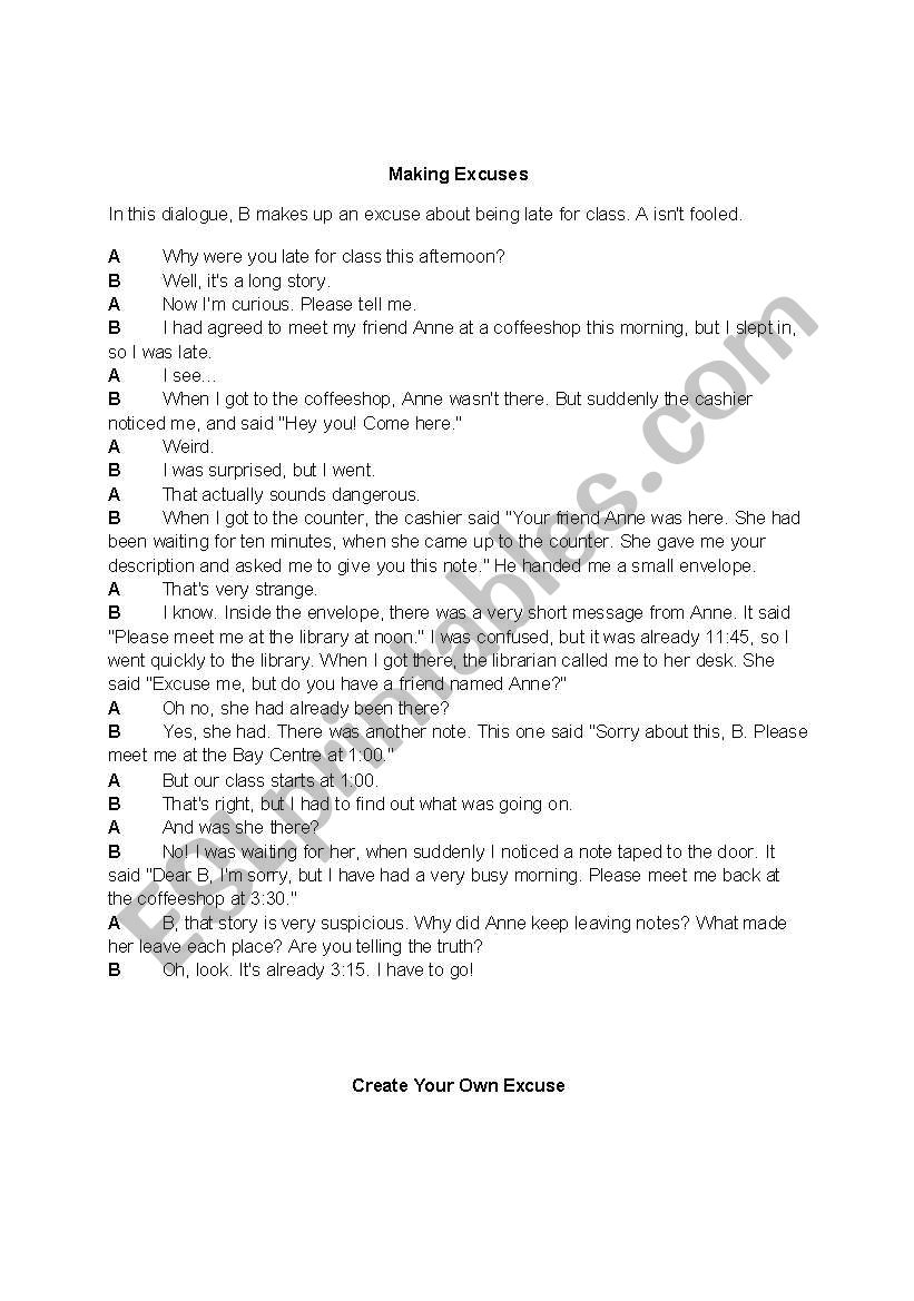 Making Excuses worksheet