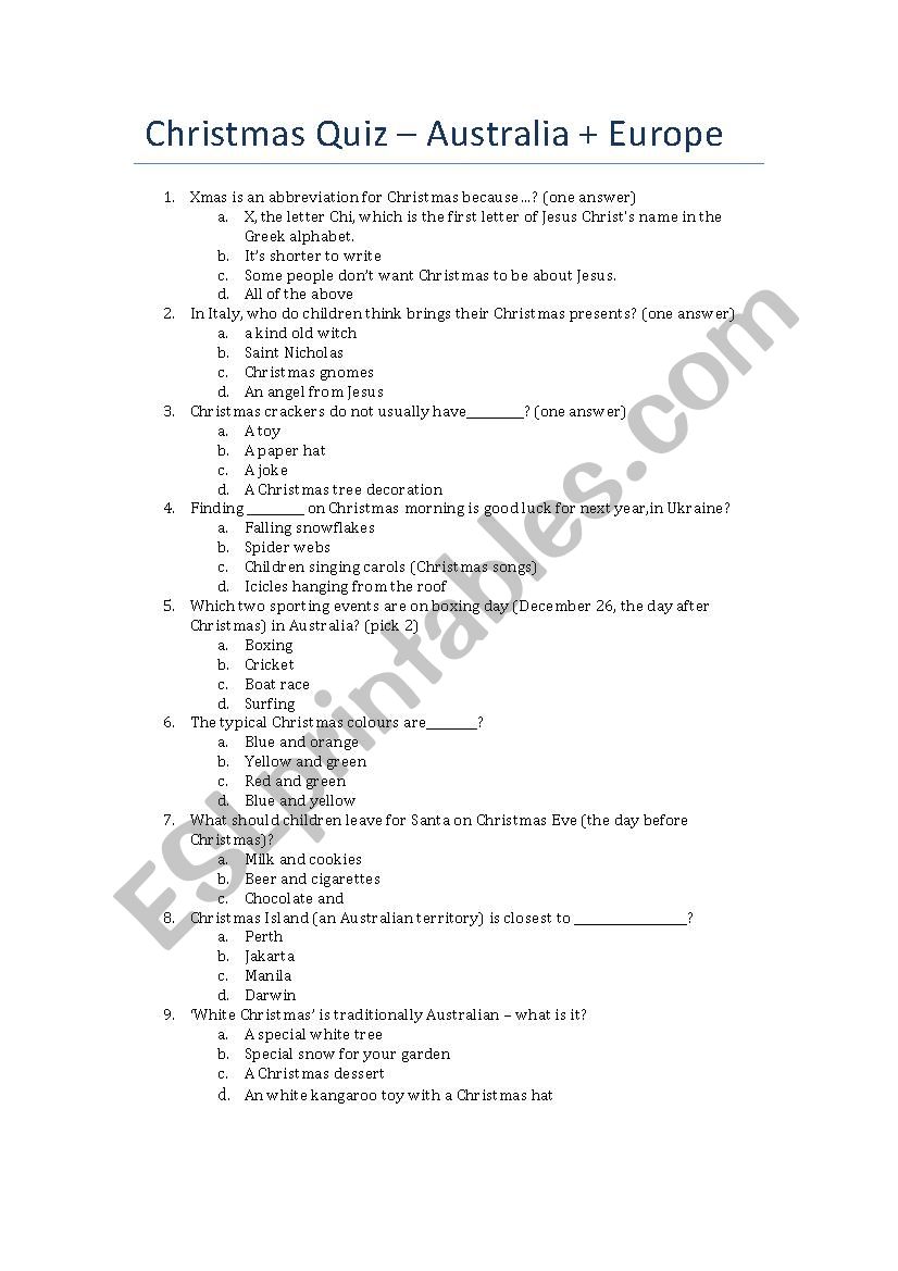 Christmas Quiz - Australia + Europe