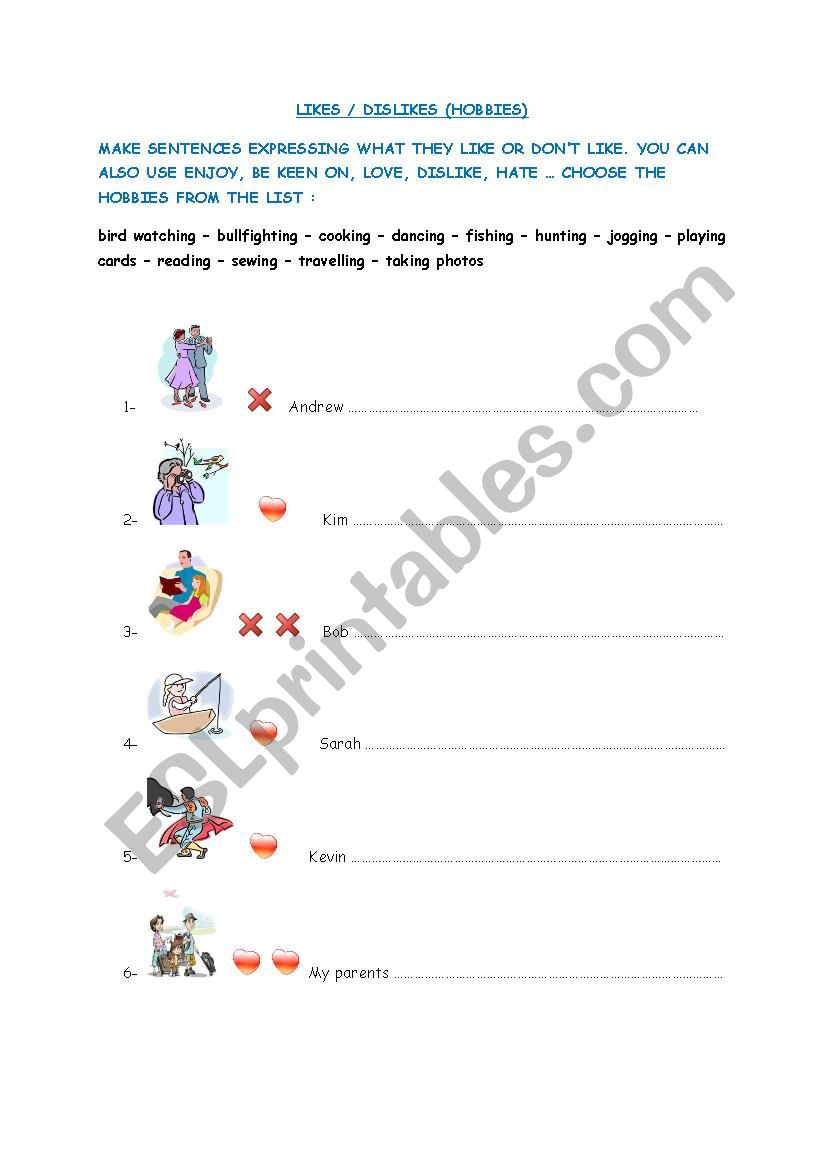 LIKES DISLIKES (HOBBIES) worksheet