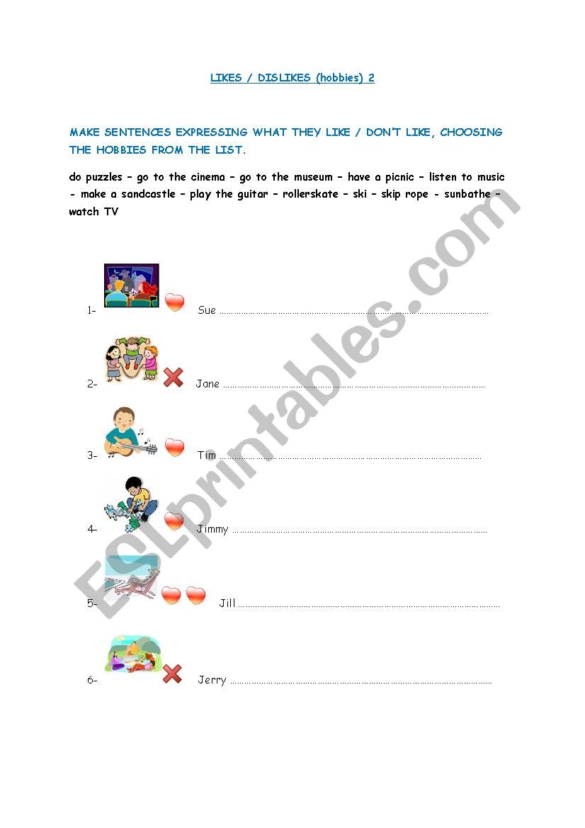 LIKES DISLIKES (HOBBIES) 2 worksheet