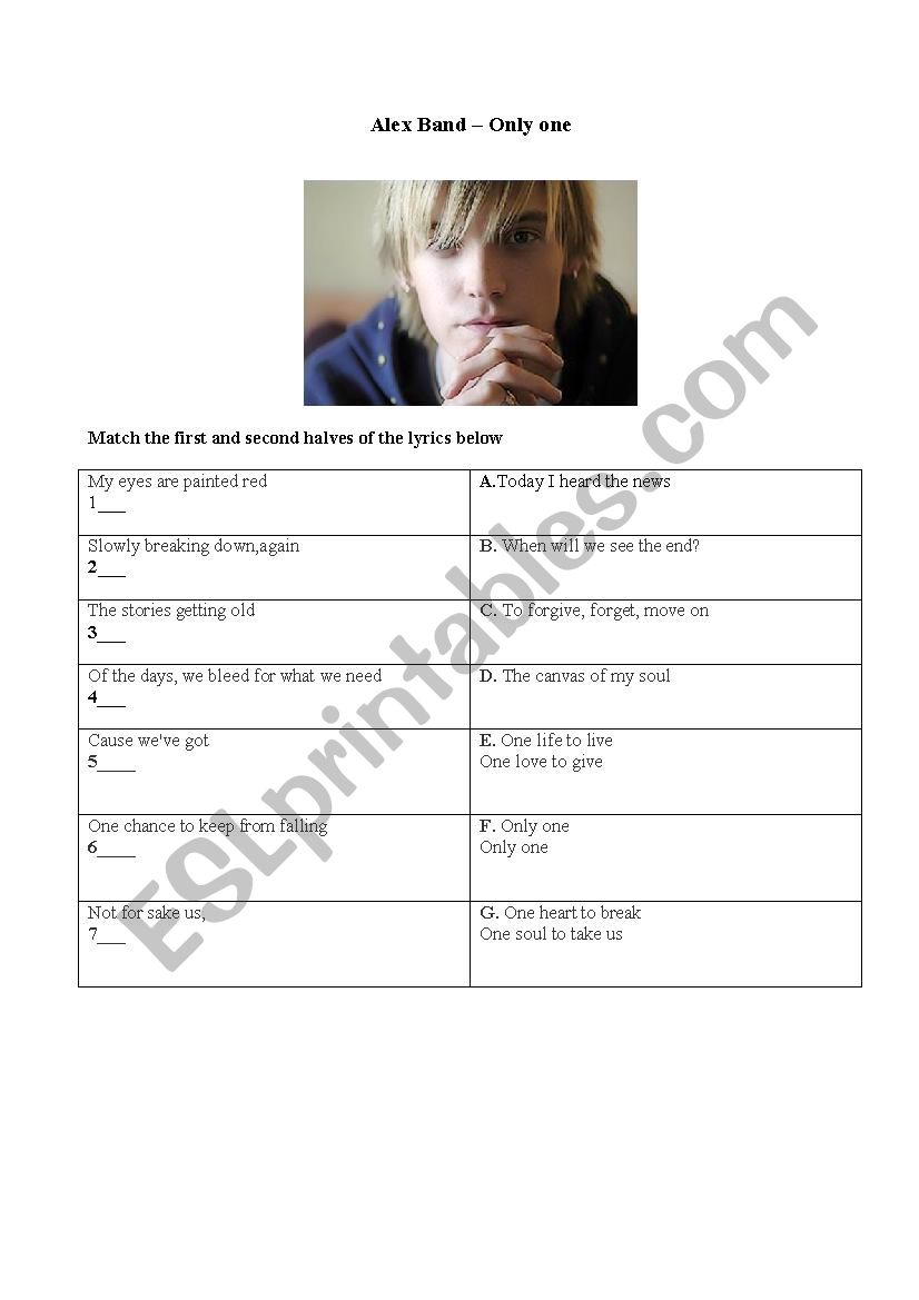 Alex Band - Only One worksheet