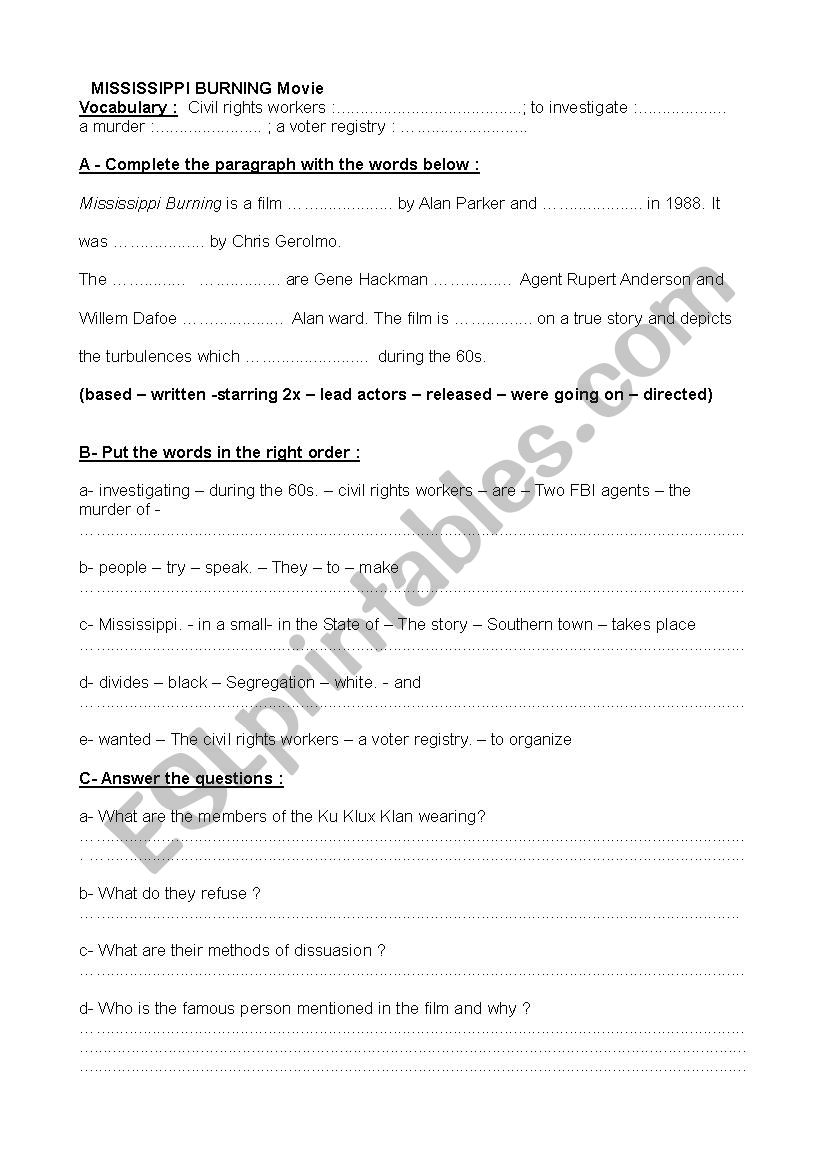 Mississippi Burning The movie worksheet