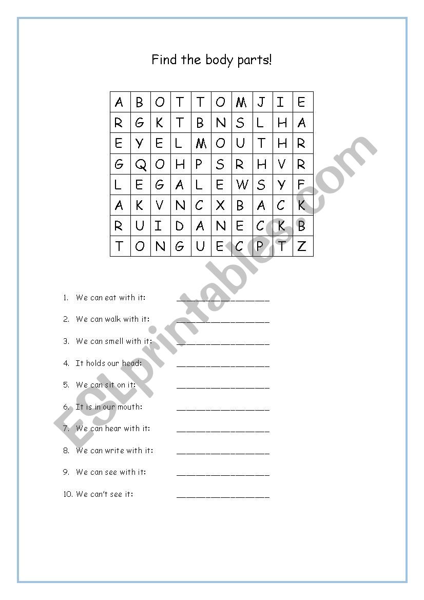 Body part crossword worksheet