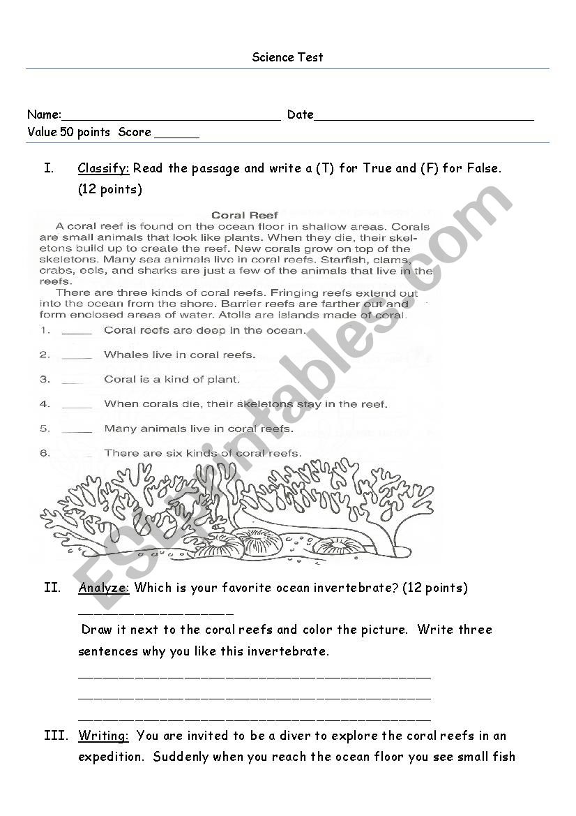 Science Test Invertebrates worksheet