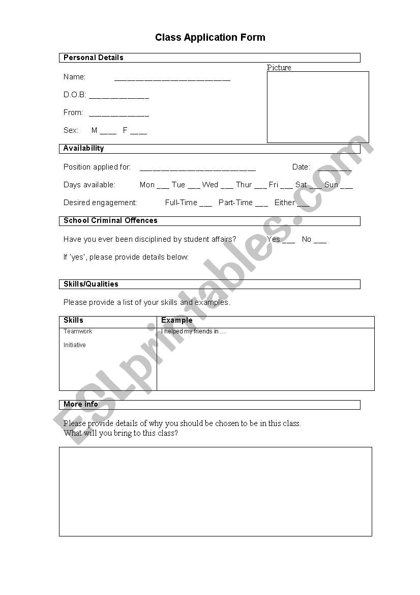 Class Application Form worksheet