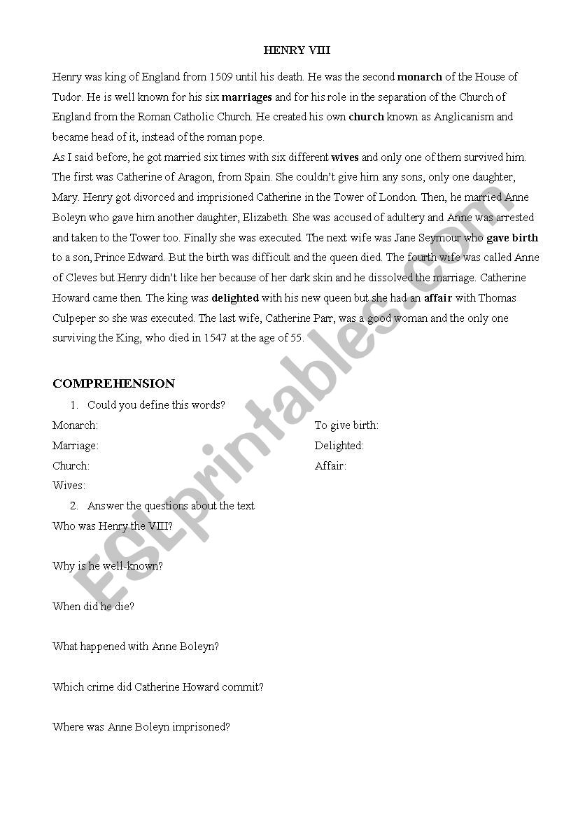 History: Henry VIII worksheet