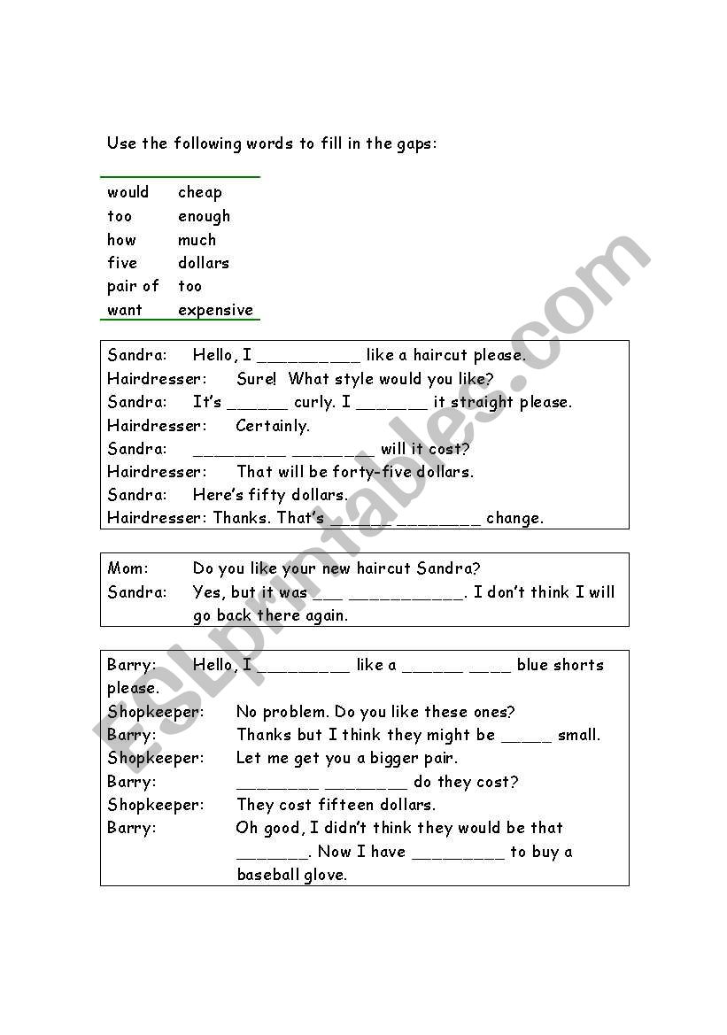 Shopping Cloze worksheet