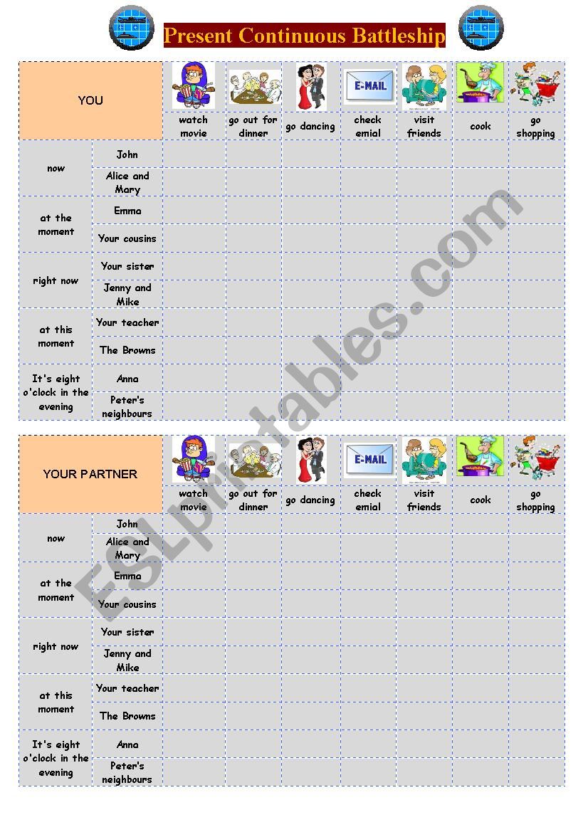 Present Continuous Battleship worksheet