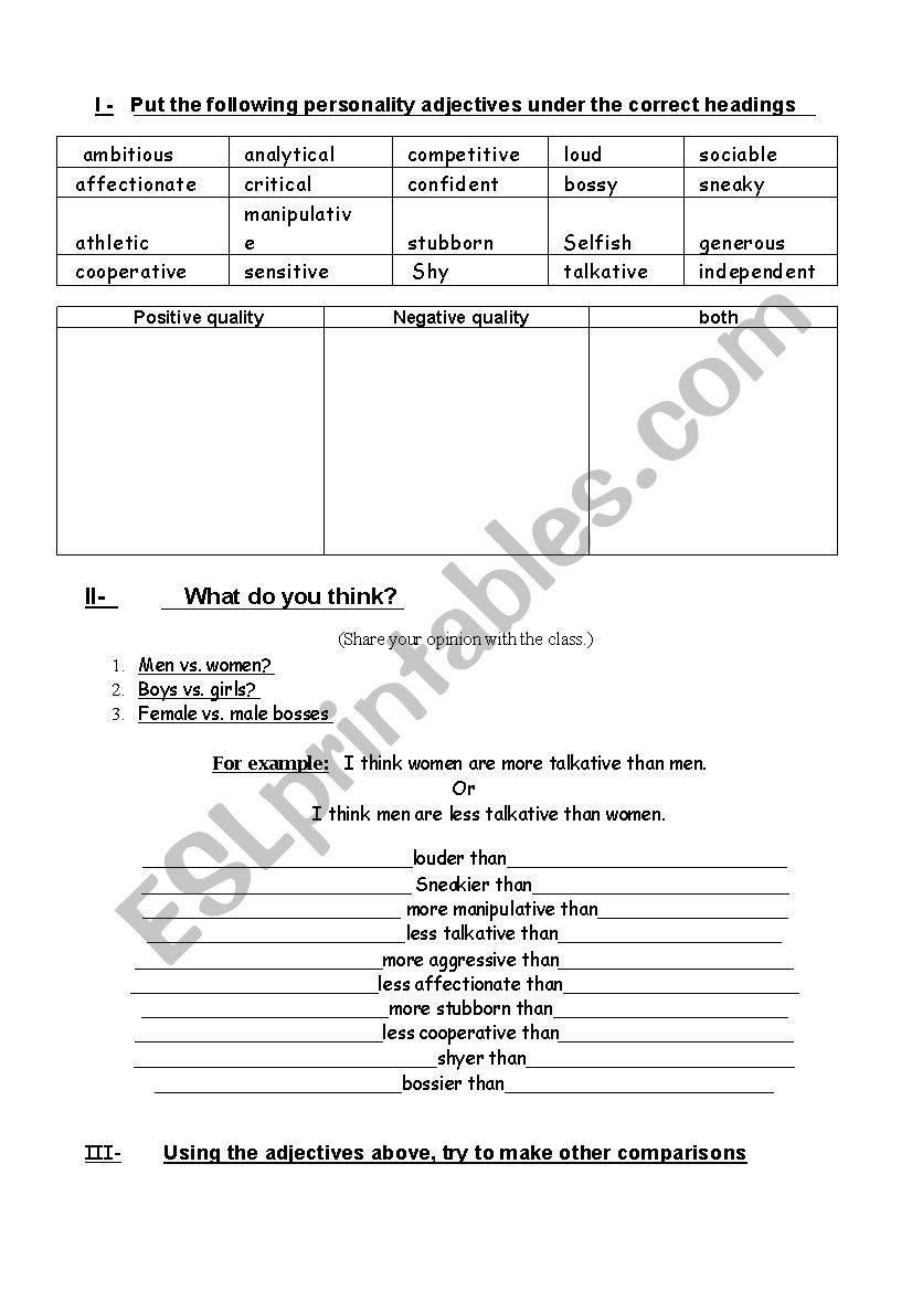 personality adjectives  worksheet