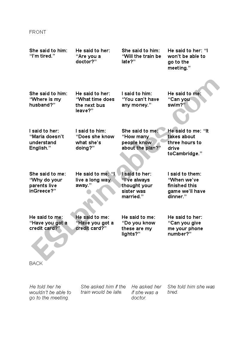 Reported speech activity worksheet