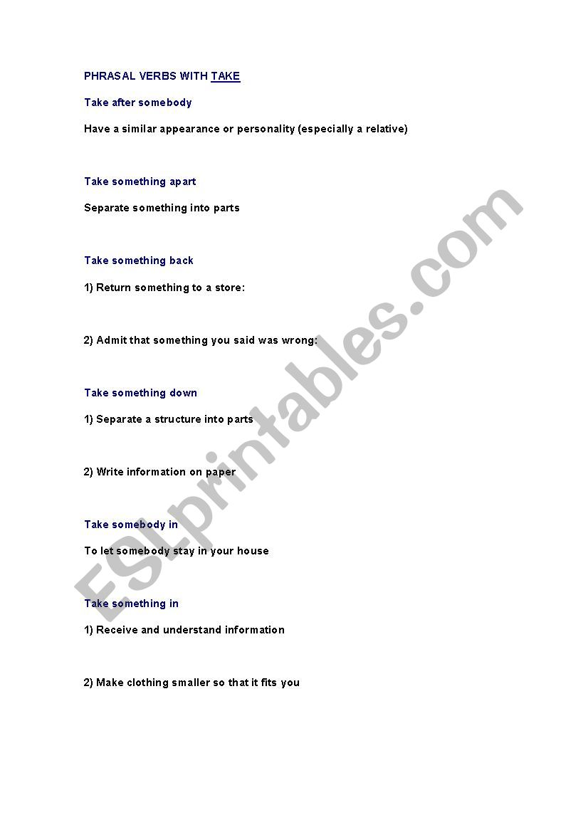 Phrasal verbs with TAKE worksheet