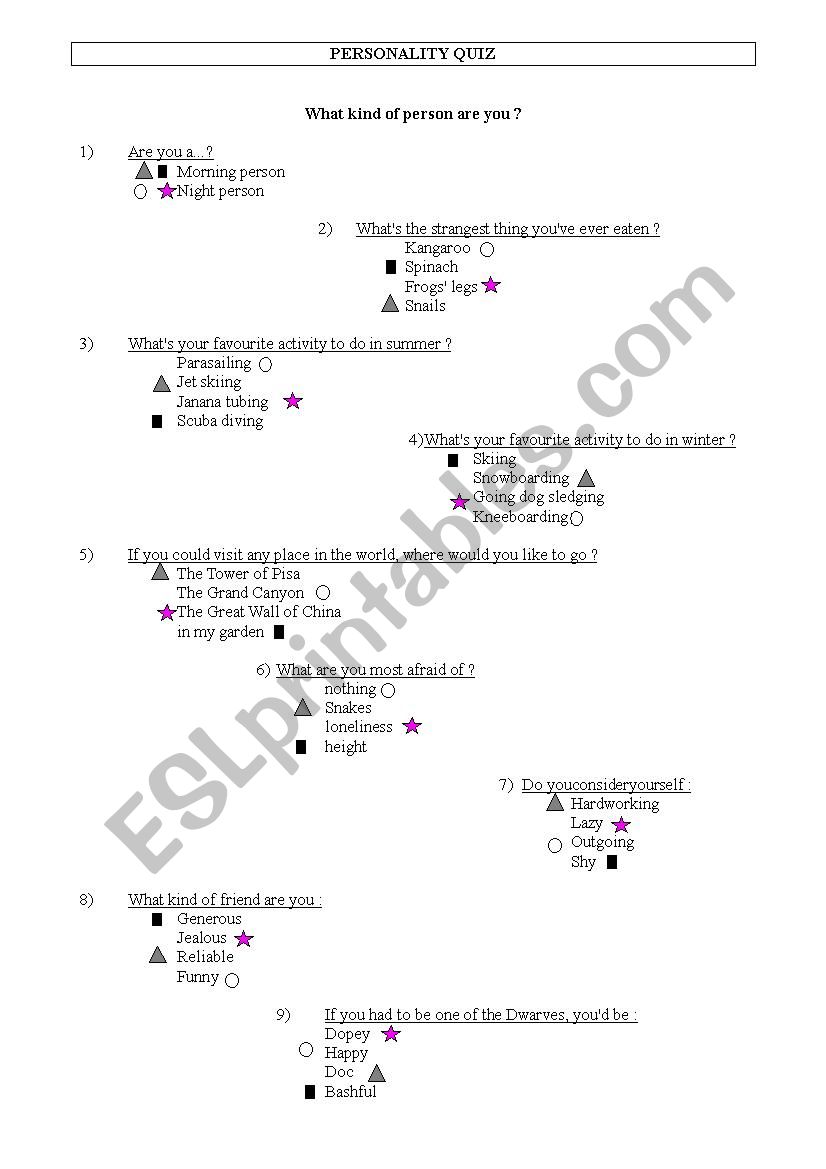 Personality Quiz worksheet