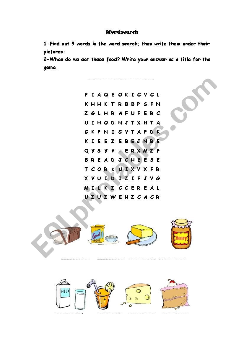word search game breakfast food 