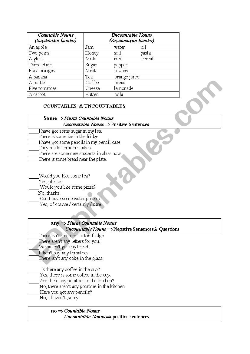 Countables&Uncountables worksheet