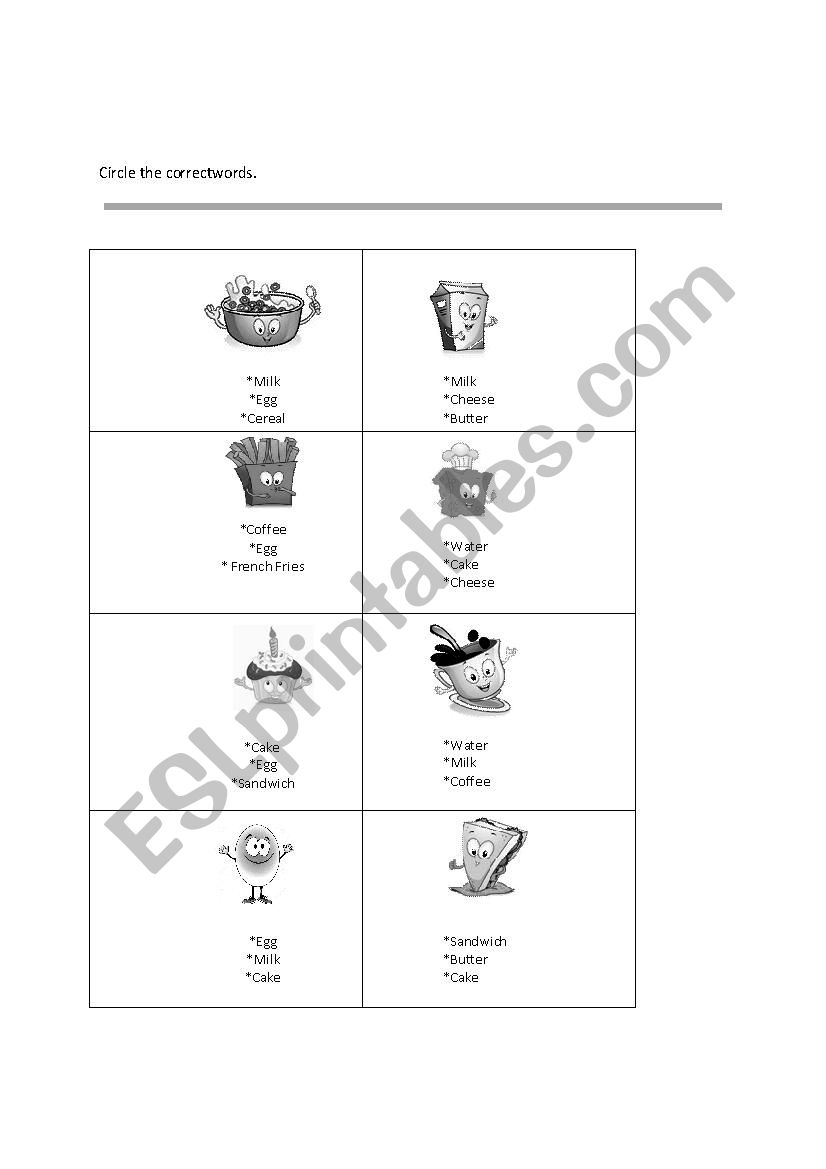 food Multiple choices  worksheet