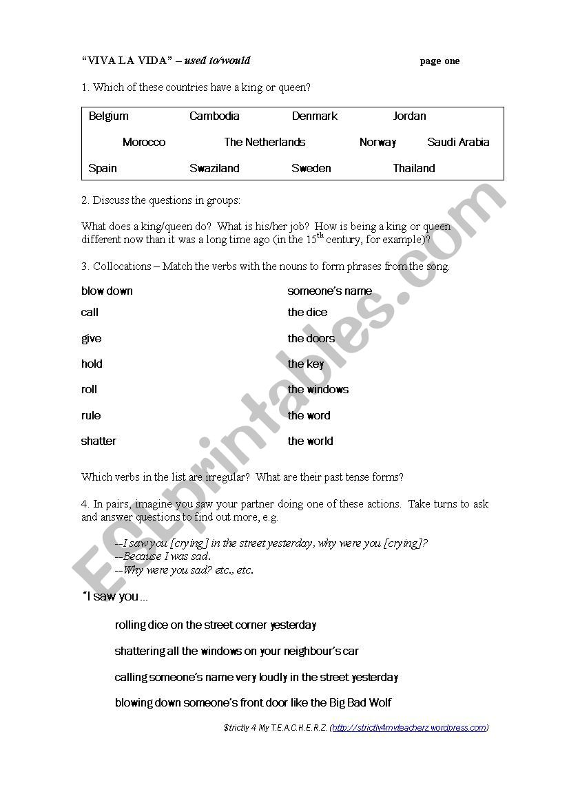 viva la vida worksheet