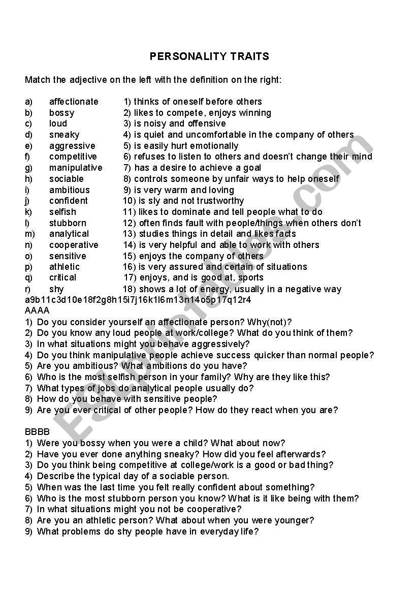 Personality Traits worksheet