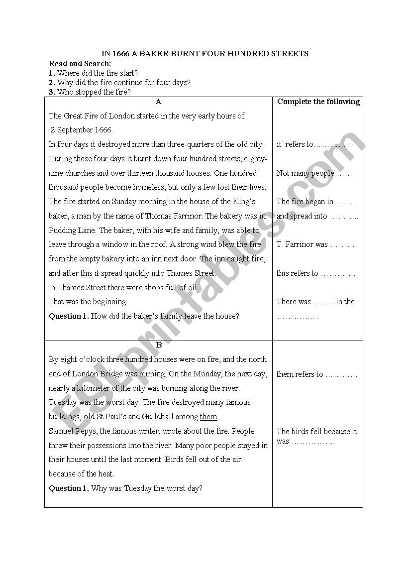 The Great Fire of London  worksheet