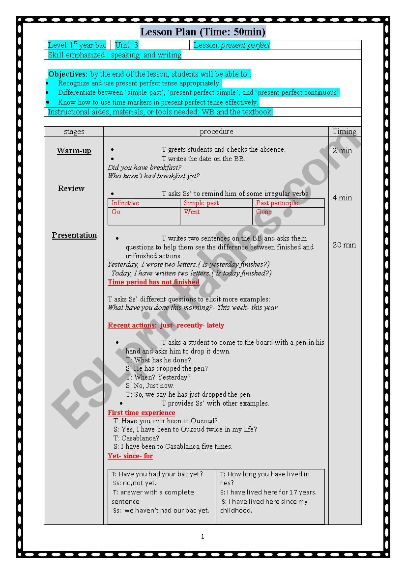 Present perfect lesson plan worksheet