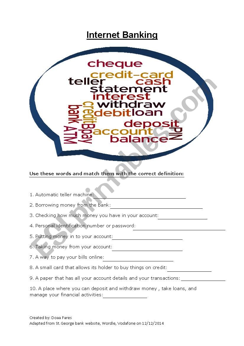 Internet banking 1 worksheet