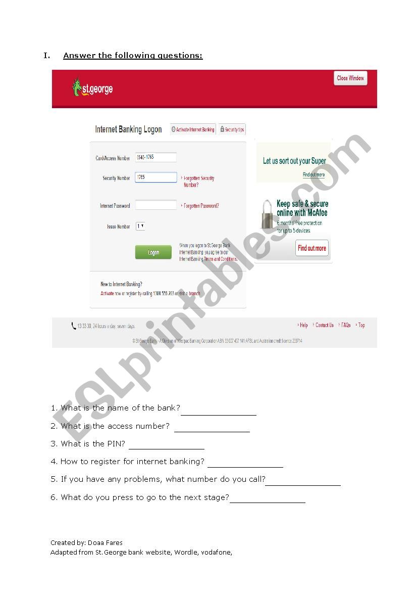 Internet banking 2 worksheet