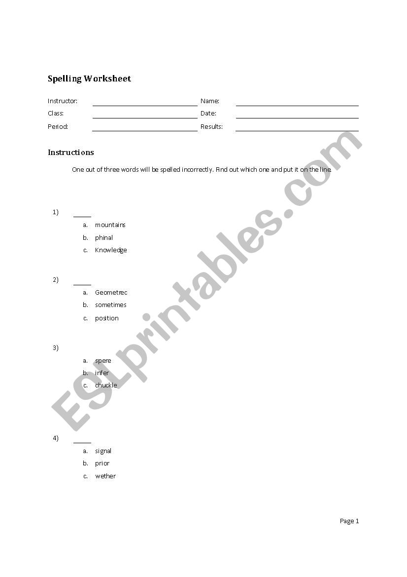 Spelling Worksheet worksheet