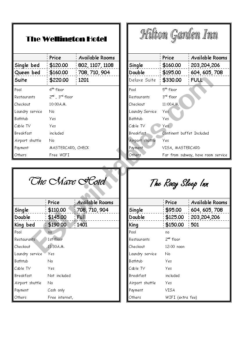 book a hotel activities worksheet