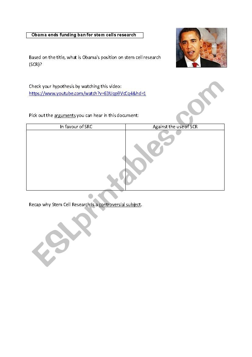 Obama and stem cell research worksheet