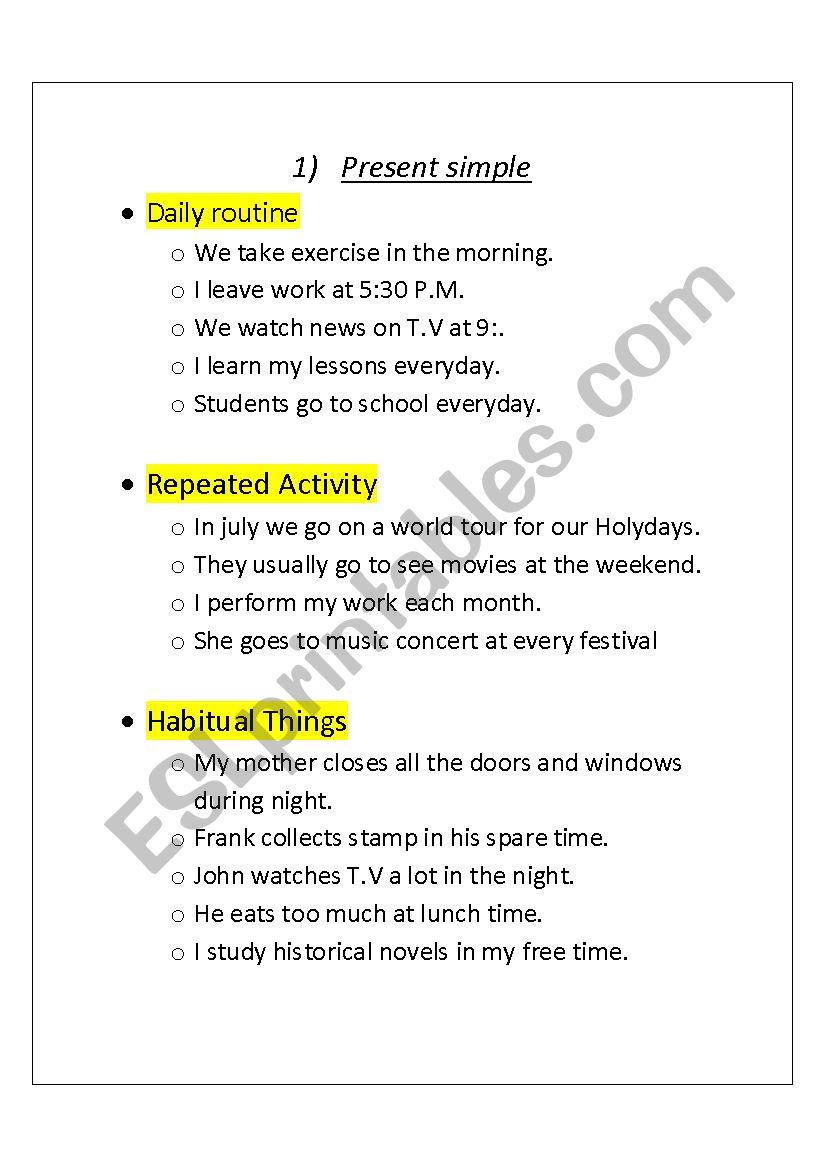 present sipmle usages worksheet