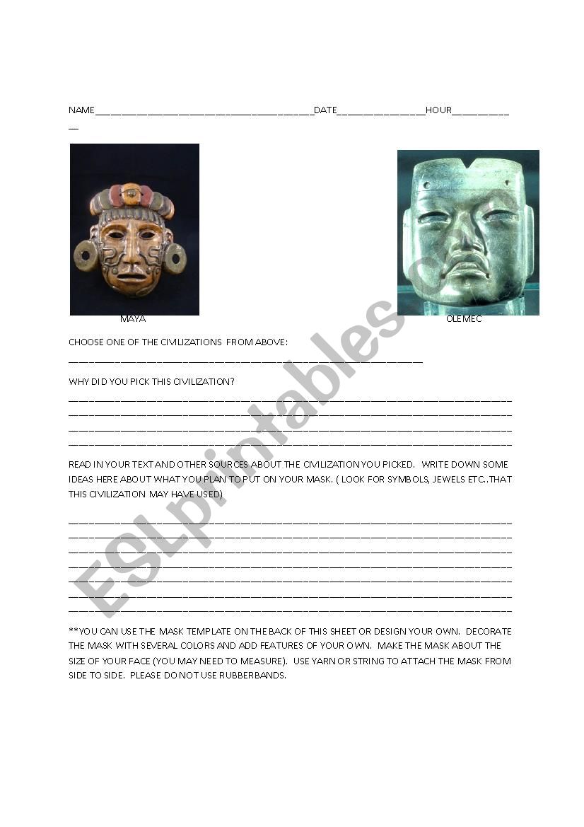 Maya and Olmec Mask Project worksheet