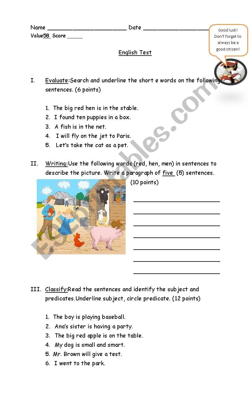 English Test worksheet