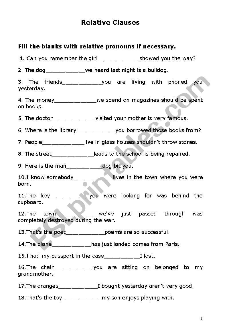 RELATIVE CLAUSES worksheet