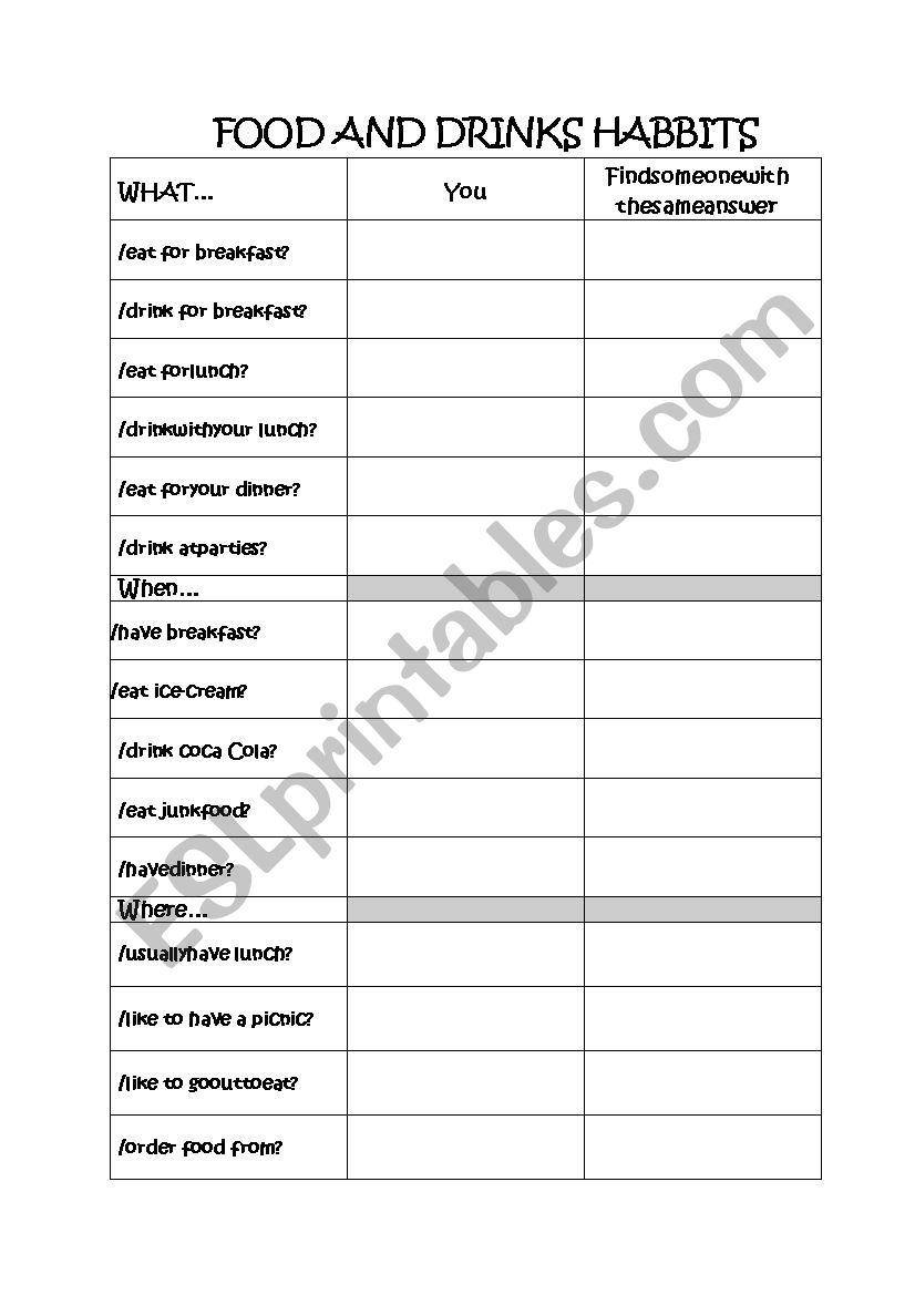 Food and drinks habits worksheet