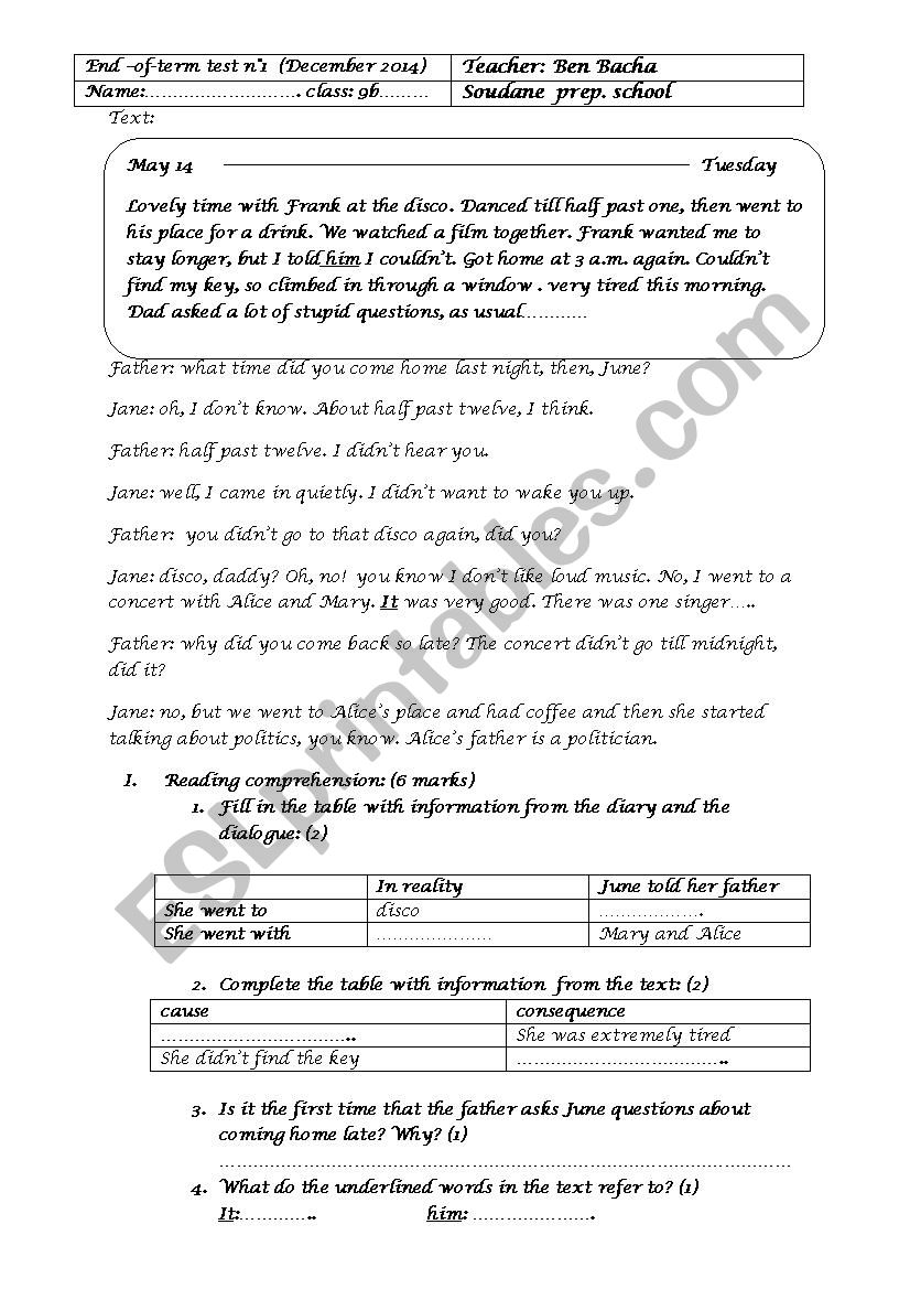 9th form exam worksheet