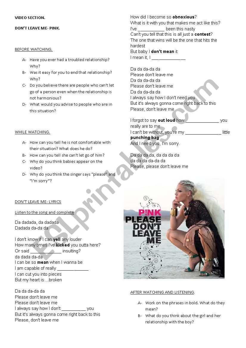 Dont leave me- Pink worksheet