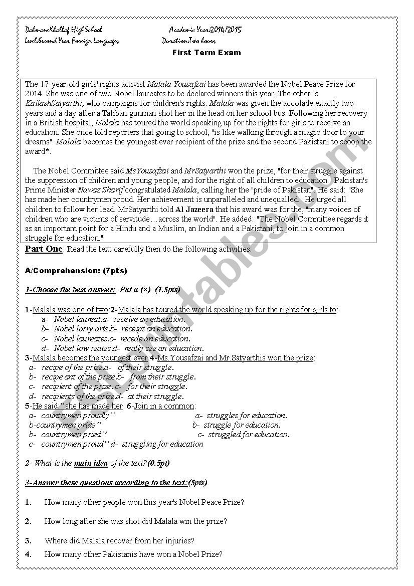 Malala Exam worksheet