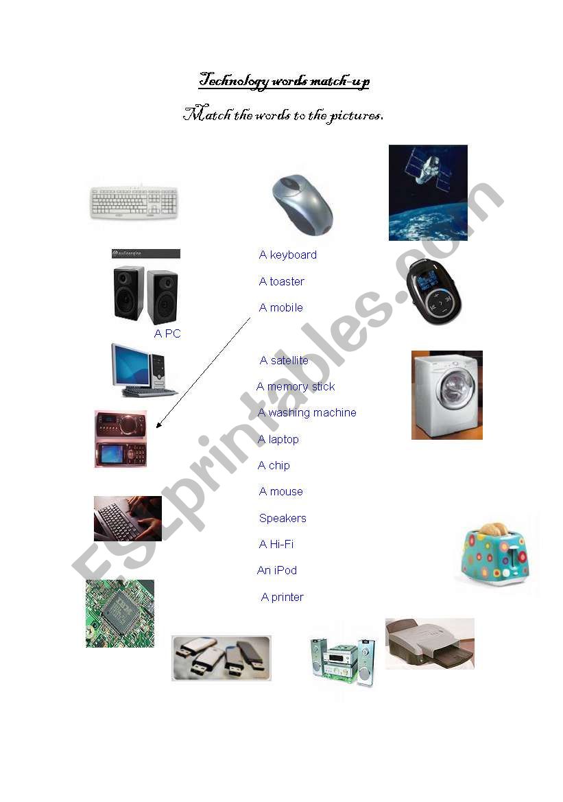 Technology words match-up worksheet