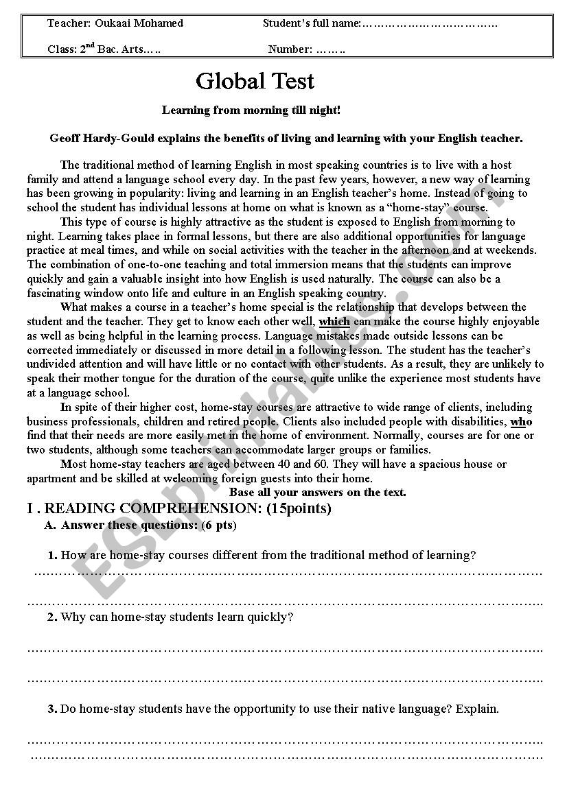 2nd bac global test worksheet