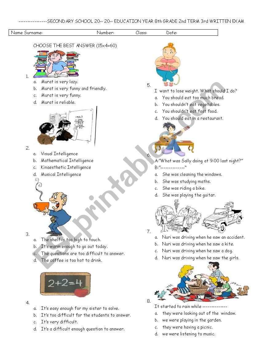 Exam for 8th grades worksheet