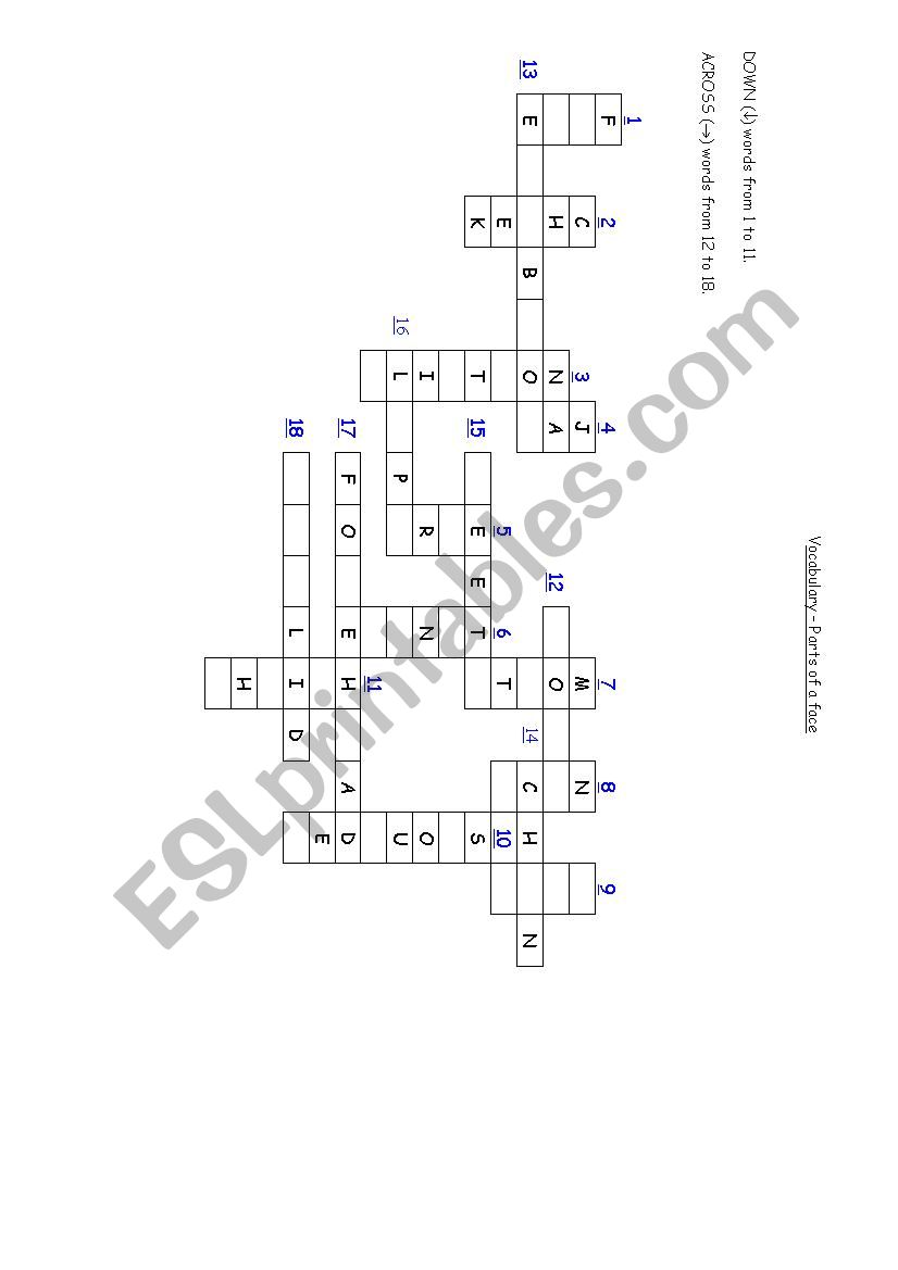 Vocabulary - parts of a face  worksheet